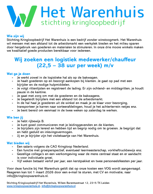 Vacature logistiek medewerker en chauffeur 2026 02